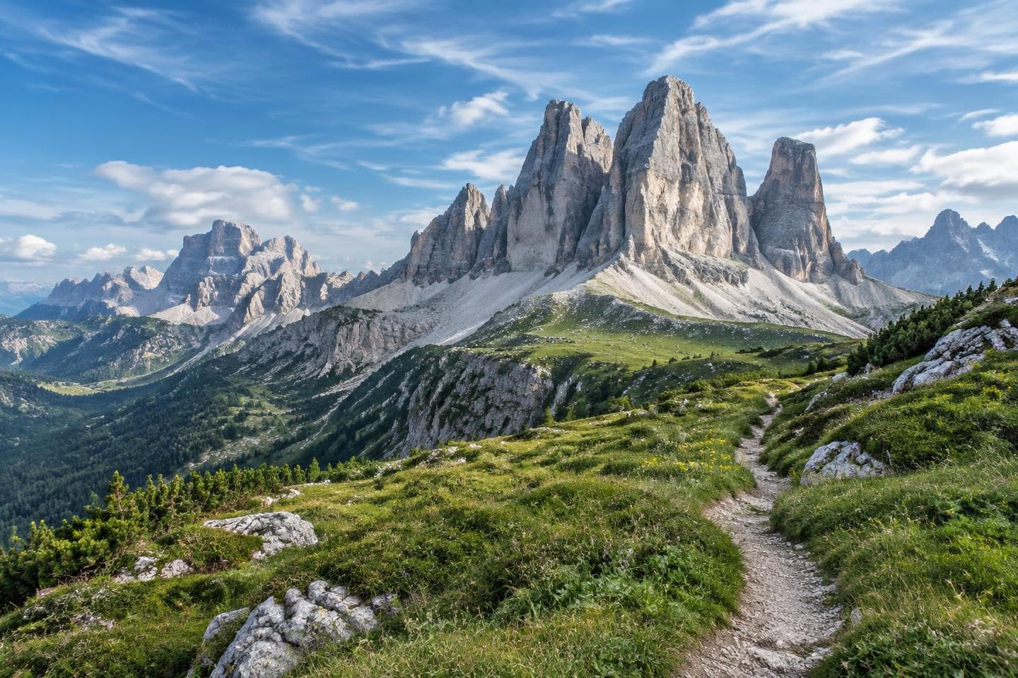 Dolomite peaks and a trail across alpine meadows